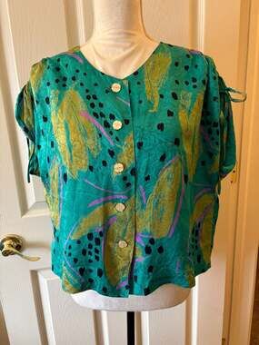 VTG 90s Art 2 Wear Abstract Floral Silk Blouse with Ruched Shoulder Tie
